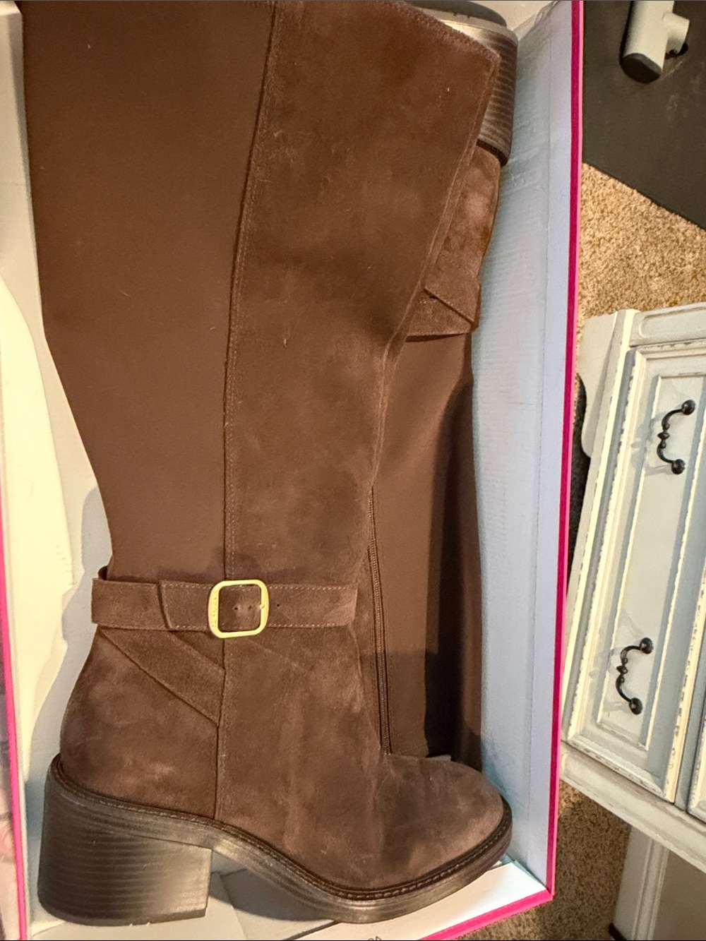 Vince Camuto Brown Suede Mid-Calf Heeled Boots with Buckle
